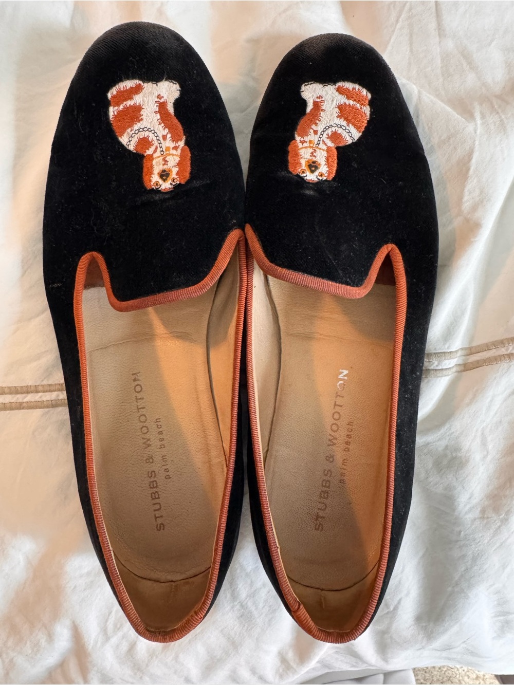 Stubbs & Wootton Black Velvet Slippers with Rust Trim and Embroidered Orange Dog